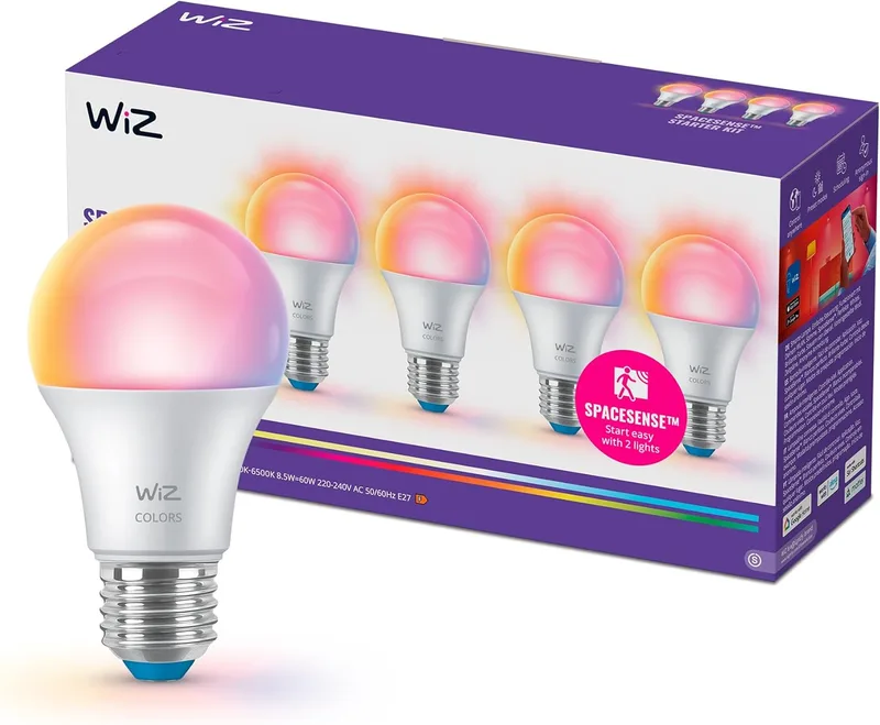 WiZ ▫️ Lâmpada LED Inteligente A60, RGB, E27, equivalente a 60 W, 2200-6500 K, 806 lm, regulável, compatível com Alexa, Google Assistant e Apple Home, embalagem com 4 unidades
