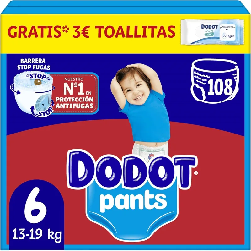 DODOT ▫️ Baby Pants Fraldas, tamanho 6, 13-19 kg, 108 fraldas, fralda de ajuste anti-fuga 360°, pacote mensal
