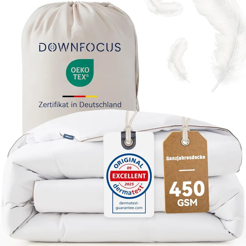 DOWNFOCUS ▫️ Edredão confortável de 220 x 240 cm, 100 % penas e penugem macias, com certificação Oeko-Tex e RDS para o bem-estar animal, edredão de penas para todo o ano, edredão de penas de 240 x 220 cm, capa de