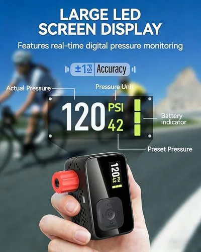 GPUTEK ▫️ Bomba elétrica para bicicletas, bomba de ar portátil de alta pressão de 120 PSI para bicicletas pequenas, com medidor digital para válvulas Presta e Schrader de bicicletas de estrada 2