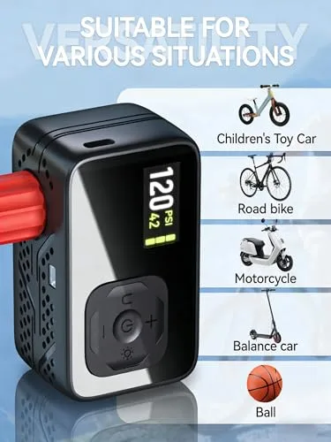 GPUTEK ▫️ Bomba elétrica para bicicletas, bomba de ar portátil de alta pressão de 120 PSI para bicicletas pequenas, com medidor digital para válvulas Presta e Schrader de bicicletas de estrada 3