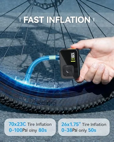 GPUTEK ▫️ Bomba elétrica para bicicletas, bomba de ar portátil de alta pressão de 120 PSI para bicicletas pequenas, com medidor digital para válvulas Presta e Schrader de bicicletas de estrada 4