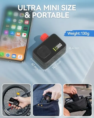 GPUTEK ▫️ Bomba elétrica para bicicletas, bomba de ar portátil de alta pressão de 120 PSI para bicicletas pequenas, com medidor digital para válvulas Presta e Schrader de bicicletas de estrada 5