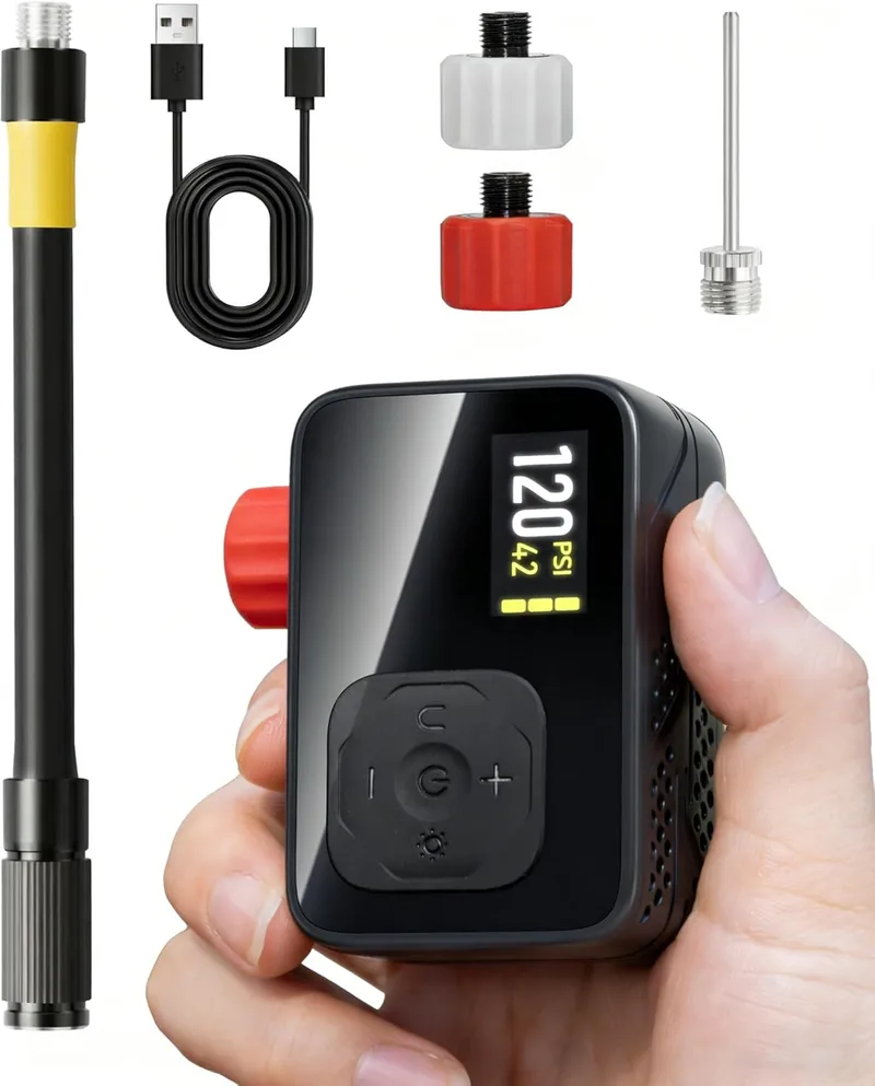 GPUTEK ▫️ Bomba elétrica para bicicletas, bomba de ar portátil de alta pressão de 120 PSI para bicicletas pequenas, com medidor digital para válvulas Presta e Schrader de bicicletas de estrada