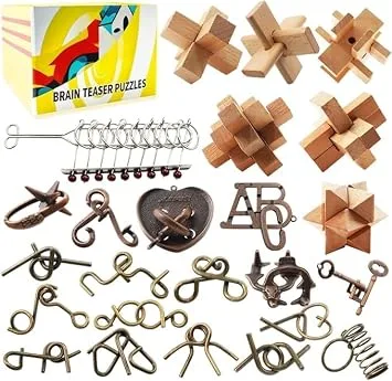 ABCDPP ▫️ 24 peças para estimular o raciocínio de crianças, adolescentes e adultos – Brinquedos educativos de metal e madeira, jogos de encaixe 3D para o QI e a lógica, com tarefas desafiantes