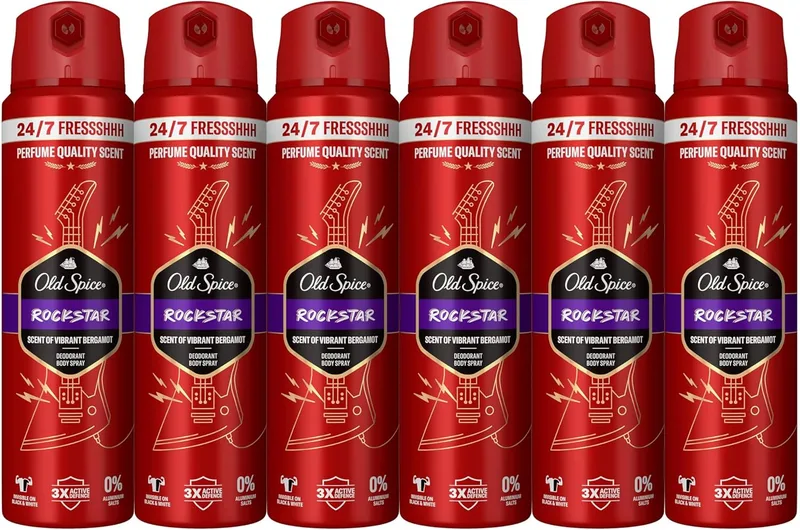 Old Spice ▫️ Rockstar Desodorizante em Spray para Homem Sem Alumínio, 6x150 ml | Frescor durante 24 horas, fragrância duradoura, proteção contra o mau cheiro, invisível na roupa branca e preta