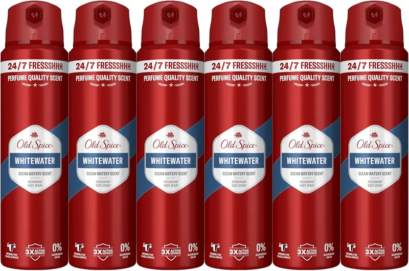 Old Spice ▫️ Whitewater Men's Body Spray Deodorant 150 ml x 6, Frescura 24 horas, Uso diário, Fragrância duradoura, Fragrância excecional, Proteção contra odores