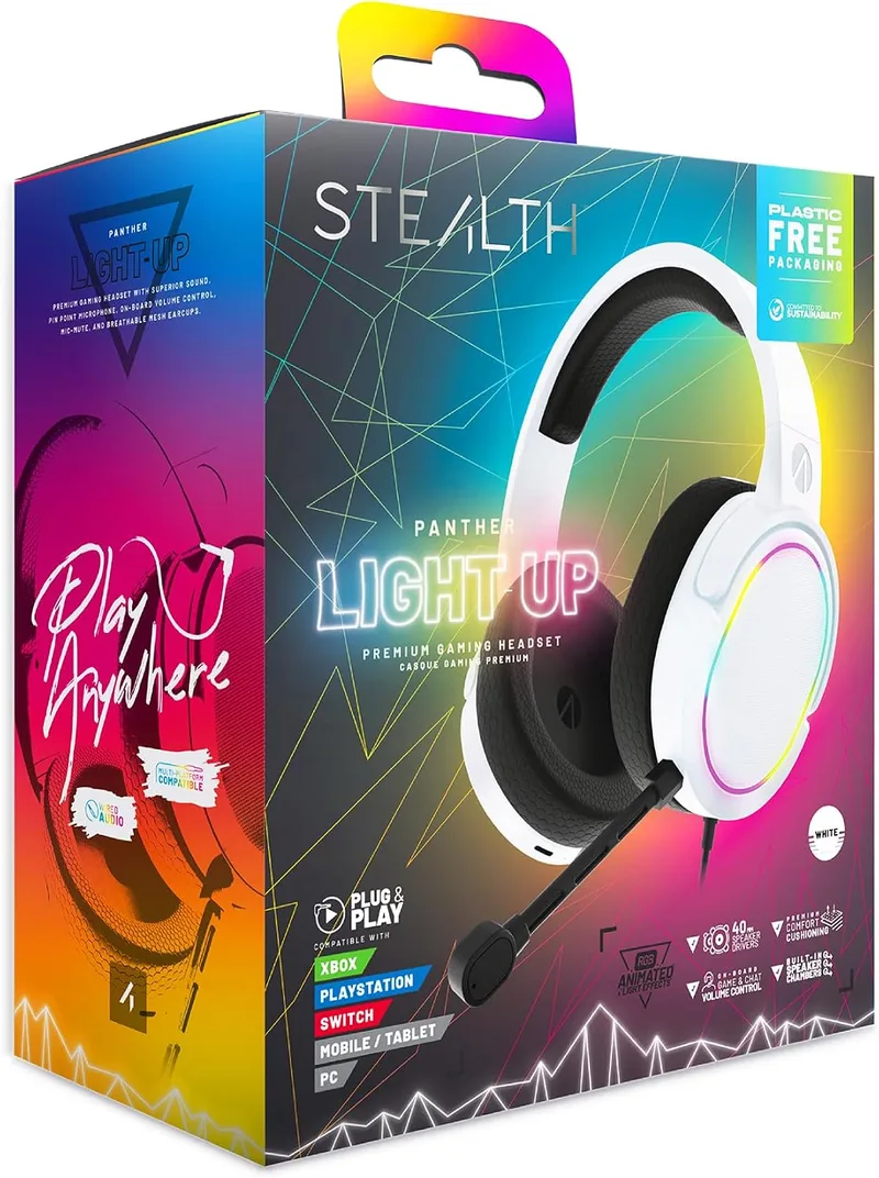 STEALTH ▫️ PANTHER - Auscultadores LED RGB para jogos, cor branca, compatíveis com PS4/PS5, XBOX, Switch e PC, com microfone flexível, conector de 3,5 mm, cabo de 1,5 m, leves, confortáveis e duradouros