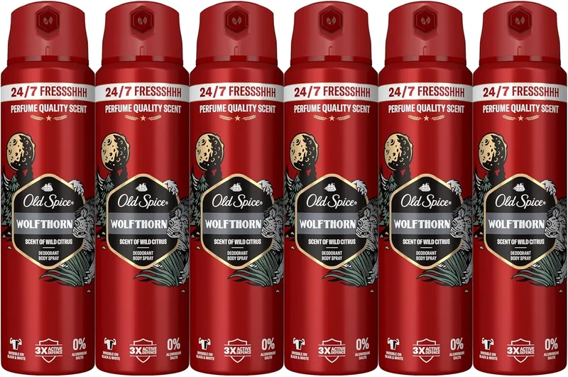Old Spice ▫️ Wolfthorn Men's Body Spray Deodorant 150 ml x 6, Frescura 24 horas, Uso diário, Fragrância de longa duração, Fragrância excecional, Proteção contra odores