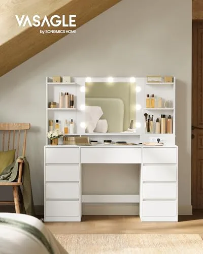 VASAGLE ▫️ Coleção Kailyn - Penteadeira com espelho LED, tomada múltipla, 9 gavetas, 9 lâmpadas reguláveis, iluminação em 3 cores, montagem sem ferramentas, Branco Nuvem RDT141WB02 3