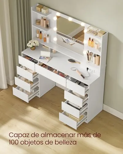 VASAGLE ▫️ Coleção Kailyn - Penteadeira com espelho LED, tomada múltipla, 9 gavetas, 9 lâmpadas reguláveis, iluminação em 3 cores, montagem sem ferramentas, Branco Nuvem RDT141WB02 5