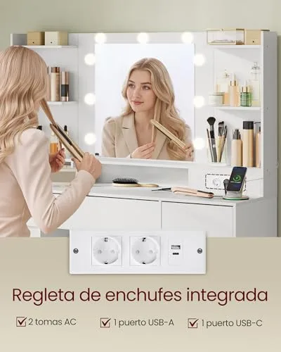 VASAGLE ▫️ Coleção Kailyn - Penteadeira com espelho LED, tomada múltipla, 9 gavetas, 9 lâmpadas reguláveis, iluminação em 3 cores, montagem sem ferramentas, Branco Nuvem RDT141WB02 6