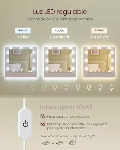 VASAGLE ▫️ Coleção Kailyn - Penteadeira com espelho LED, tomada múltipla, 9 gavetas, 9 lâmpadas reguláveis, iluminação em 3 cores, montagem sem ferramentas, Branco Nuvem RDT141WB02 7