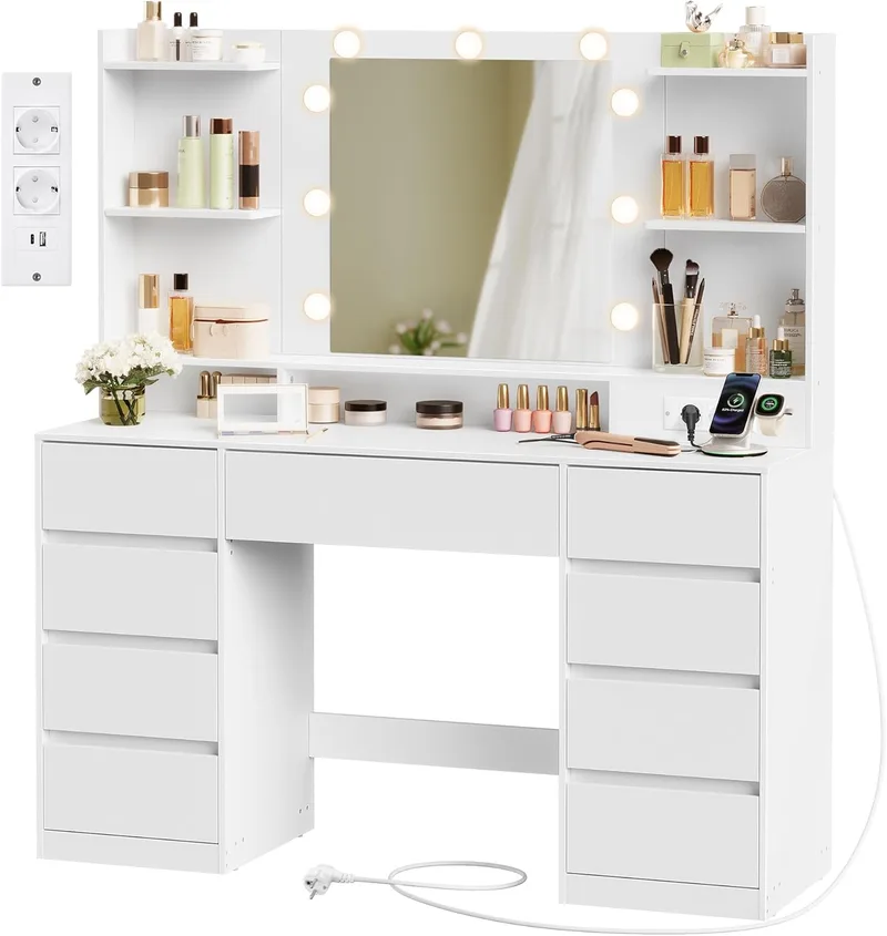 VASAGLE ▫️ Coleção Kailyn - Penteadeira com espelho LED, tomada múltipla, 9 gavetas, 9 lâmpadas reguláveis, iluminação em 3 cores, montagem sem ferramentas, Branco Nuvem RDT141WB02