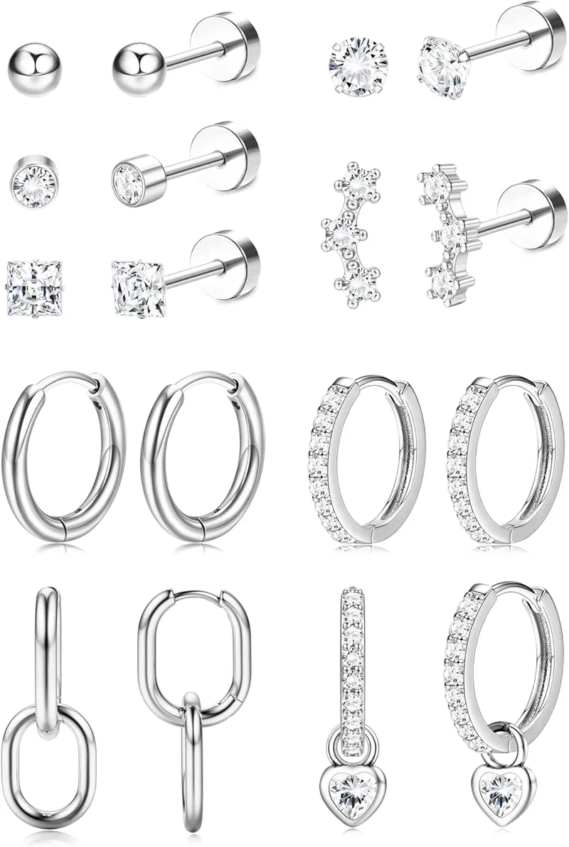 Chriscoco ▫️ 9 Pares Brincos Piercing de Prata Piercing de Orelha para Mulher Piercing de Aço Cirúrgico Piercing de Orelha Trago Hélice Cartilagem Piercings Múltiplos Brincos de Ouro Hipoalergénicos para Mulher Rapariga
