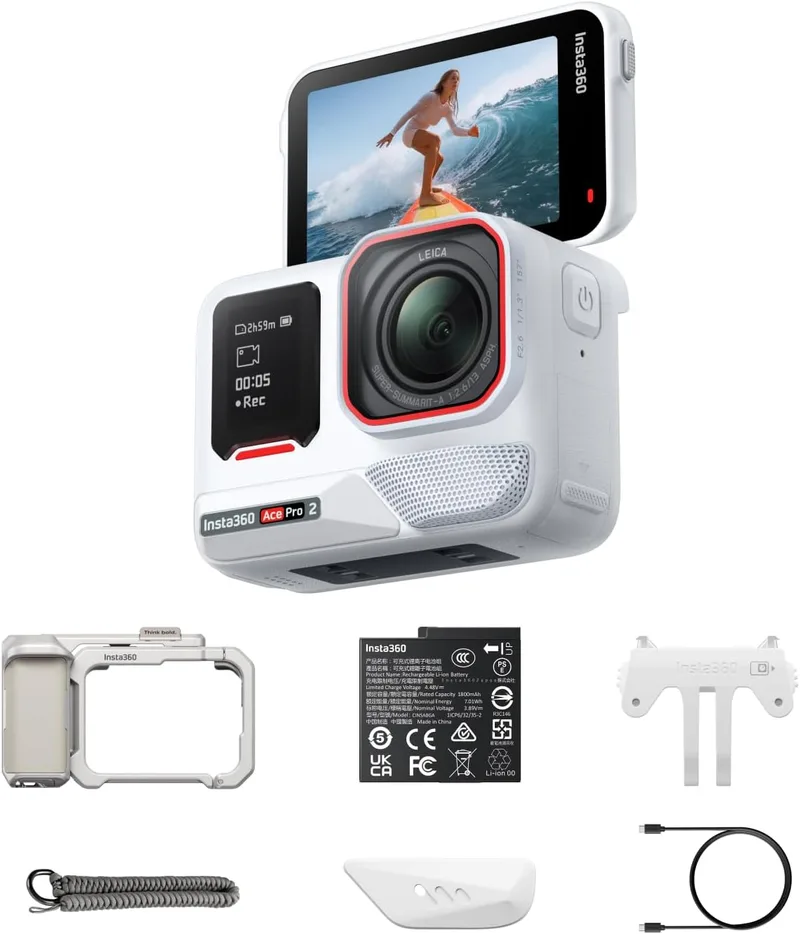 Insta360 ▫️ Ace Pro 2 Edição Limitada em Branco Ártico - Pacote Xplorer em Prata Moonlight - Câmara 8K concebida em conjunto com a Leica, Sensor de 1/1,3", Chip AI Duplo, Líder em Pouca Luz, Ecrã Rebatível