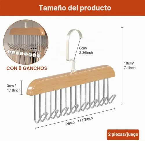 XinYangMao ▫️ Organizador de cintos para roupeiro, 2 peças - Suporte de madeira com 8 ganchos giratórios a 360° - para gravatas, cachecóis, sutiãs e fatos de banho - Poupa espaço 2