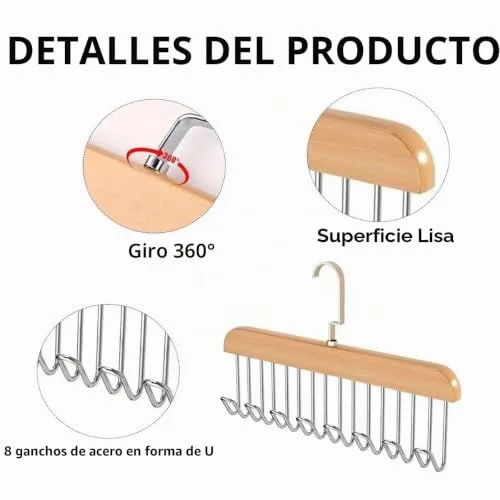 XinYangMao ▫️ Organizador de cintos para roupeiro, 2 peças - Suporte de madeira com 8 ganchos giratórios a 360° - para gravatas, cachecóis, sutiãs e fatos de banho - Poupa espaço 3
