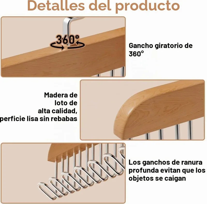 XinYangMao ▫️ Organizador de cintos para roupeiro, 2 peças - Suporte de madeira com 8 ganchos giratórios a 360° - para gravatas, cachecóis, sutiãs e fatos de banho - Poupa espaço 4