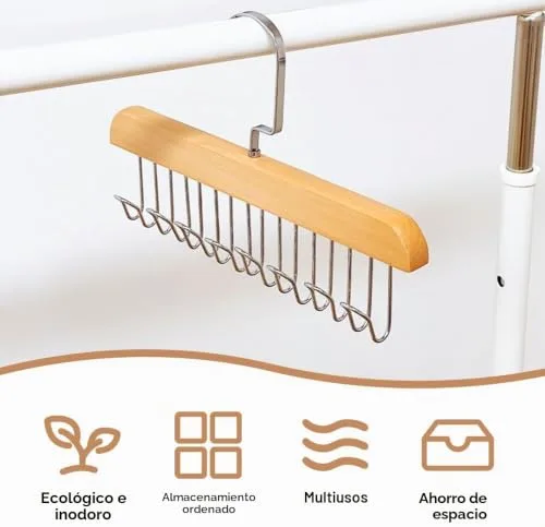 XinYangMao ▫️ Organizador de cintos para roupeiro, 2 peças - Suporte de madeira com 8 ganchos giratórios a 360° - para gravatas, cachecóis, sutiãs e fatos de banho - Poupa espaço 7
