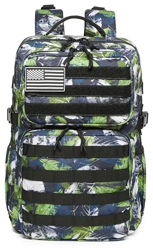 Wotony ▫️ Mochila tática militar para homem, impermeável, mochila de assalto para 3 dias, bolsa Molle com suporte para garrafa de água, Verde (Green leaves), 25 L 2