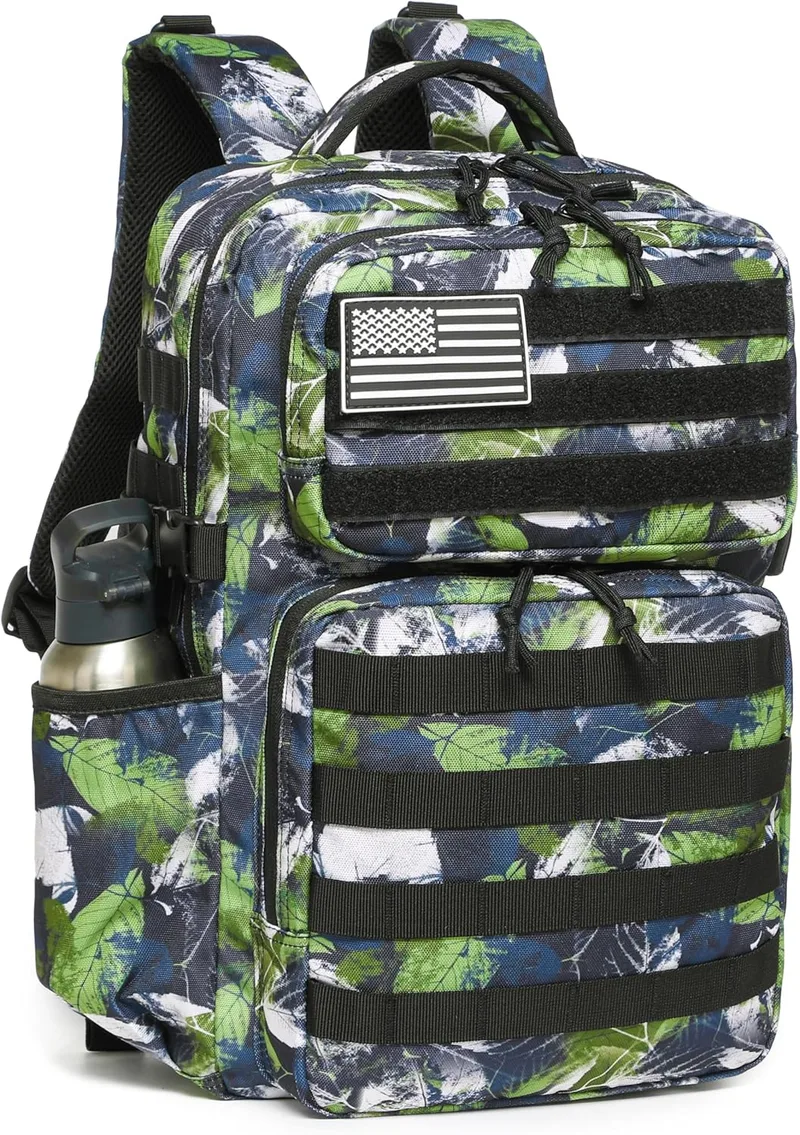 Wotony ▫️ Mochila tática militar para homem, impermeável, mochila de assalto para 3 dias, bolsa Molle com suporte para garrafa de água, Verde (Green leaves), 25 L