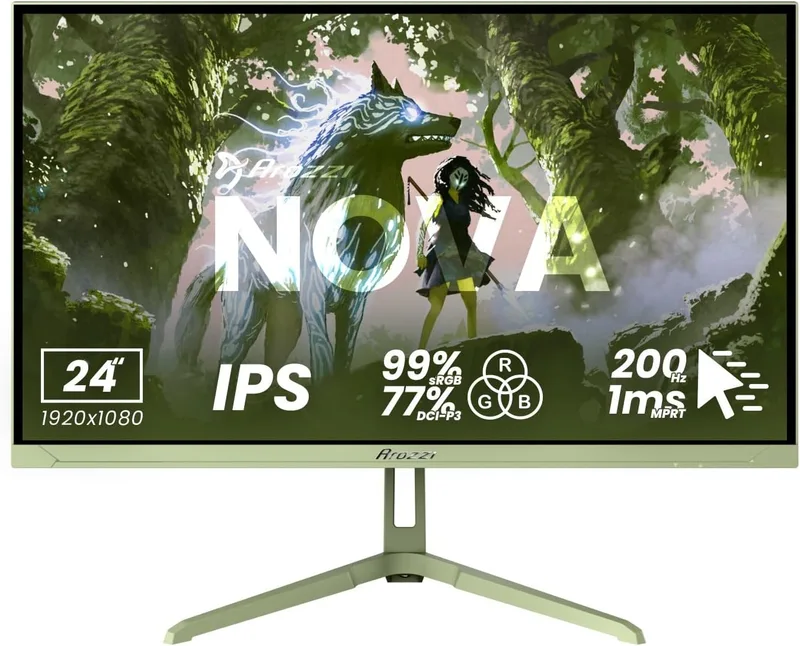 Arozzi ▫️ Monitor de jogos Nova de 24", IPS, FHD, 200 Hz, 1 ms, FreeSync, HDR, altifalantes integrados – Verde Floresta