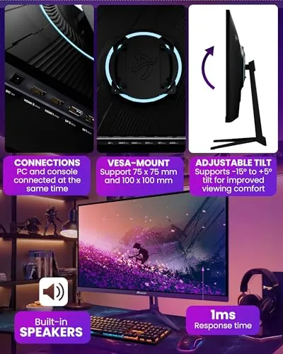Arozzi ▫️ Monitor de jogos Nova de 27", IPS, QHD 2560×1440, 180 Hz, 1 ms, FreeSync, HDR, altifalantes integrados – Roxo 3