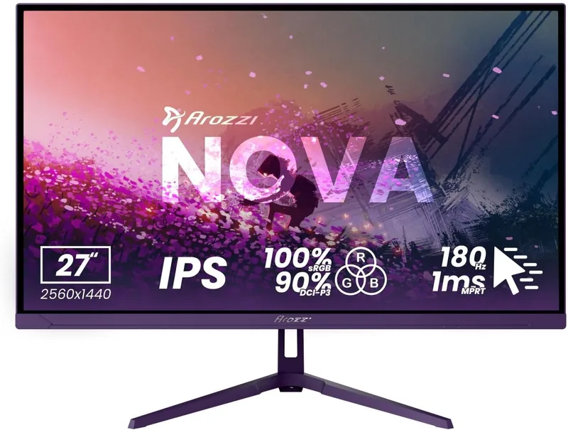 Arozzi ▫️ Monitor de jogos Nova de 27", IPS, QHD 2560×1440, 180 Hz, 1 ms, FreeSync, HDR, altifalantes integrados – Roxo