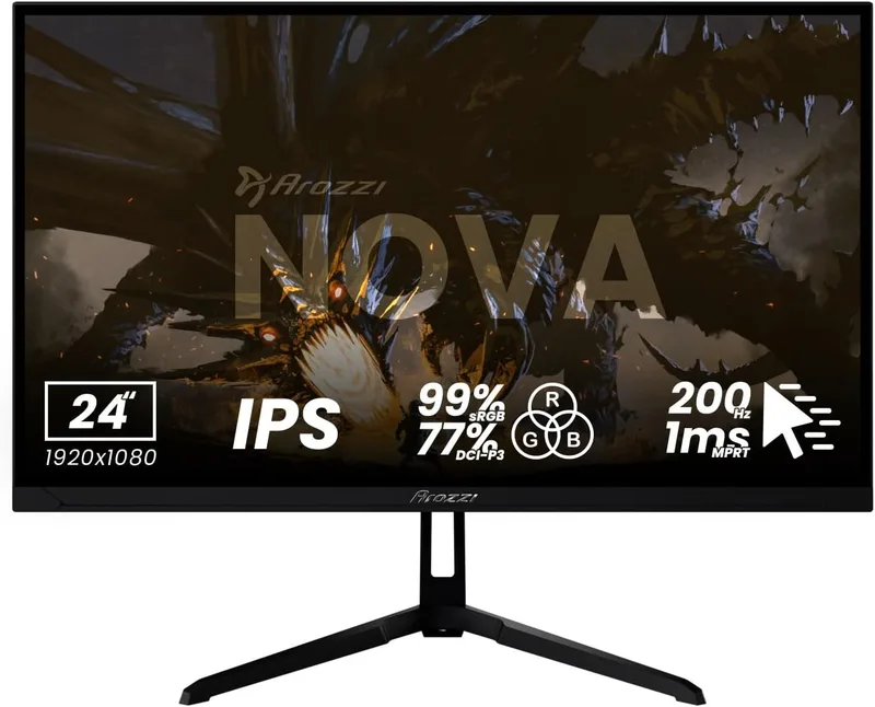 Arozzi ▫️ Monitor de jogos Nova de 24", IPS, FHD, 200 Hz, 1 ms, FreeSync, HDR, altifalantes integrados – Preto
