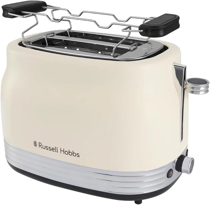Russell Hobbs ▫️ Tostadeira para 2 fatias [900 W] Hanley Jazmín (Estilo vintage, ranhuras largas, 6 níveis de torragem, detalhes polidos, aquecedor de pãezinhos, recolhedor de migalhas, função «Levantar e Ver») 28650-56