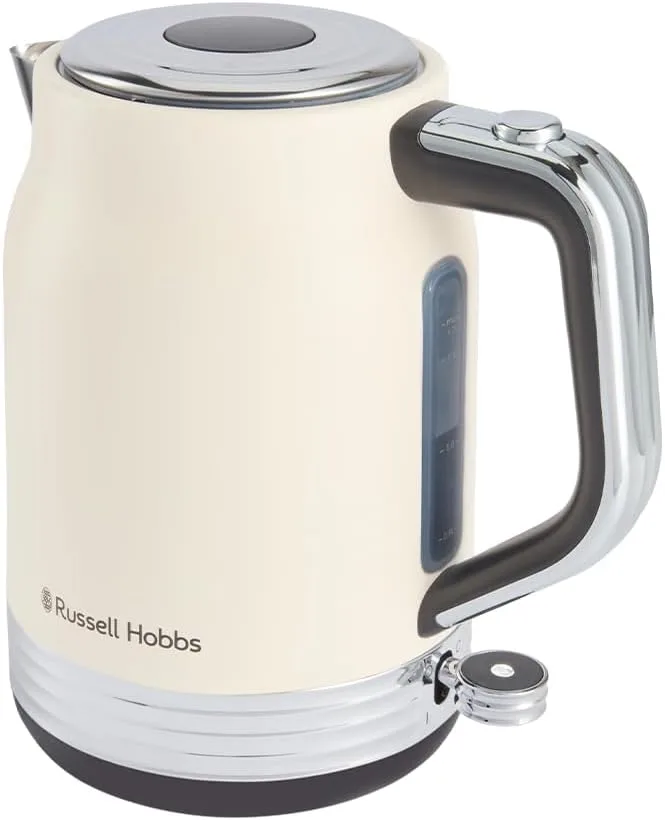 Russell Hobbs ▫️ Chaleira eléctrica (1,7 L, 2400 W) Hanley (design vintage jasmim, aço inoxidável, poupança de energia, tampa com botão de pressão, nível de água, base de 360°, arrumação do cabo, arrumação do cabo, etc.)