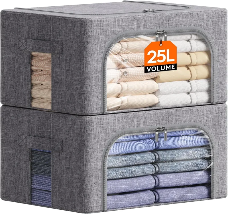 Lifewit ▫️ Caixas de arrumação para roupa com estrutura metálica, organizador empilhável para roupeiro, sacos de arrumação para roupa, sacos para guardar roupa, edredões, colchas, cinzento claro, 25 L, 2 peças