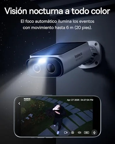 Baseus ▫️ Security S1 Lite [3-CAM] Câmara de vigilância Wi-Fi exterior com energia solar IP67, câmara IP de segurança com bateria 2K e ângulo de visão de 135°, visão noturna a cores, sem custos de carregamento, deteção de pessoas, compatível com Alexa e Google 6