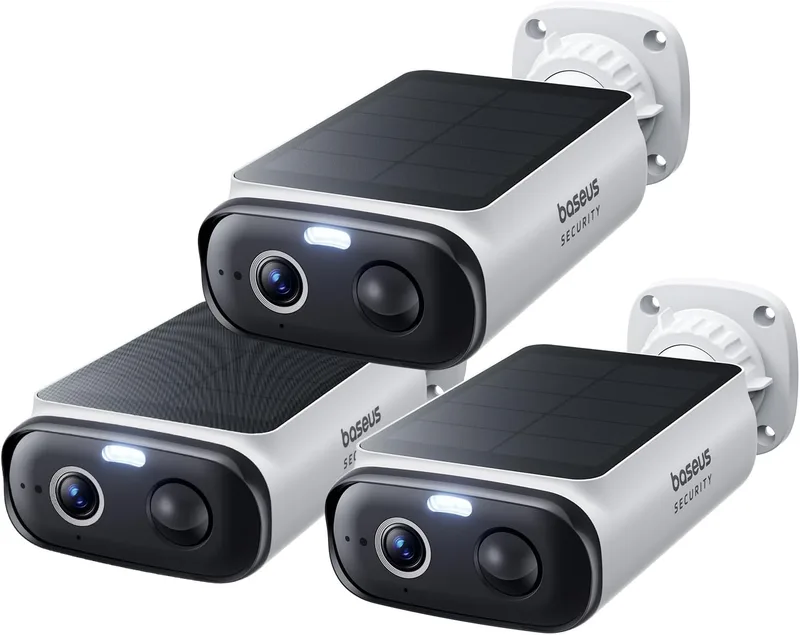 Baseus ▫️ Security S1 Lite [3-CAM] Câmara de vigilância Wi-Fi exterior com energia solar IP67, câmara IP de segurança com bateria 2K e ângulo de visão de 135°, visão noturna a cores, sem custos de carregamento, deteção de pessoas, compatível com Alexa e Google