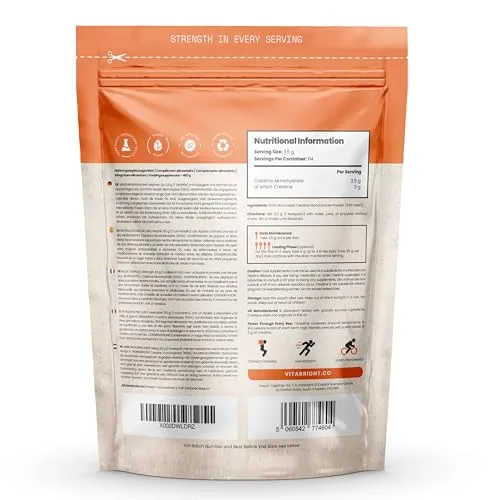 VitaBright ▫️ Creatina Monohidratada em Pó Micronizado | Saco de 400 g | 114 Doses | Creatina Monohidratada em Pó Ultrafino de 200 Mesh de Fácil Dissolução (Não em Gomas) | Vegana | Creatine 2