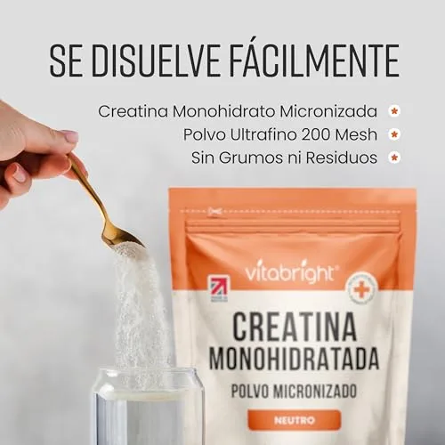 VitaBright ▫️ Creatina Monohidratada em Pó Micronizado | Saco de 400 g | 114 Doses | Creatina Monohidratada em Pó Ultrafino de 200 Mesh de Fácil Dissolução (Não em Gomas) | Vegana | Creatine 6