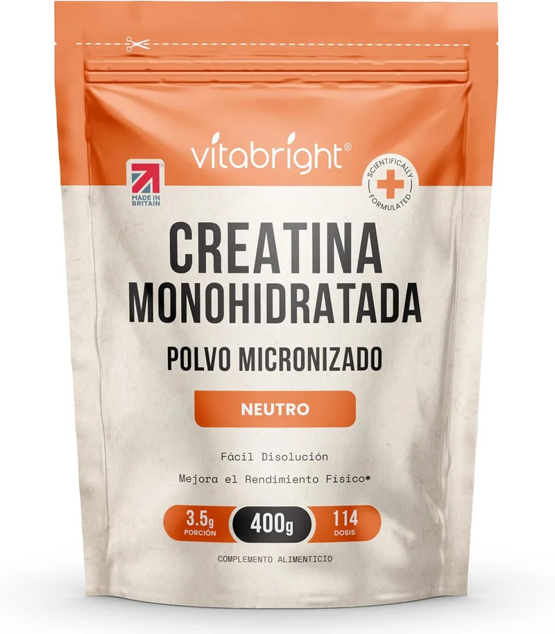 VitaBright ▫️ Creatina Monohidratada em Pó Micronizado | Saco de 400 g | 114 Doses | Creatina Monohidratada em Pó Ultrafino de 200 Mesh de Fácil Dissolução (Não em Gomas) | Vegana | Creatine