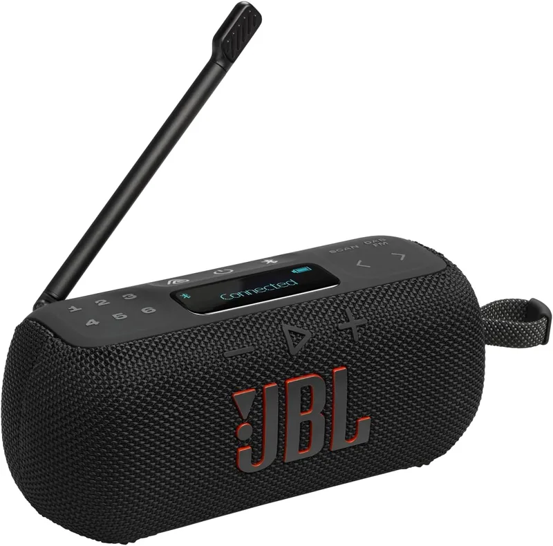 JBL ▫️ Rádio portátil Tuner 3 Bluetooth Dab/Dab+/FM com 6 predefinições, autonomia da bateria até 15 h, resistência IP68, ligação Auracast para vários altifalantes, compatível com a aplicação Portable, preto
