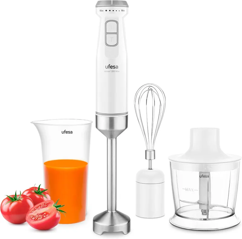 Ufesa ▫️ Batedeira de Mão Venus Max 1200 W com Função Turbo, 4 Lâminas em Aço Inoxidável, Velocidade Variável, Design Antiespiras, Conjunto 3 em 1 com Picador, Batedor e Copo Medidor