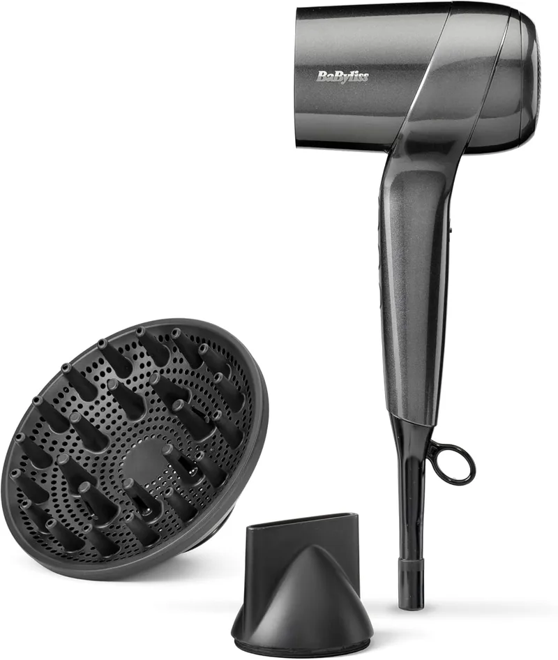 BaByliss ▫️ Secador de cabelo Titanium Shine com difusor - Potente e compacto, secador ergonómico, tratamento iónico anti-frizz, 3 níveis de calor e 3 de velocidade, prateado, D6200DE