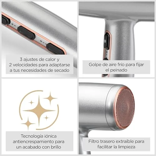 BaByliss ▫️ Secador de cabelo leve Cosmos com difusor – Secador potente e elegante de 2100 W, tratamento iónico anti-frizz, 3 níveis de calor e 2 velocidades, prateado, D580DE 4