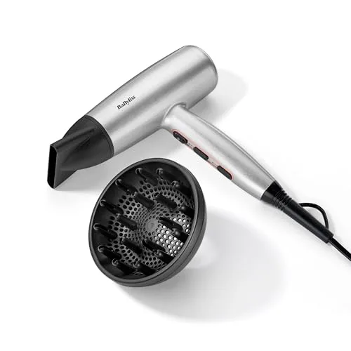 BaByliss ▫️ Secador de cabelo leve Cosmos com difusor – Secador potente e elegante de 2100 W, tratamento iónico anti-frizz, 3 níveis de calor e 2 velocidades, prateado, D580DE 7