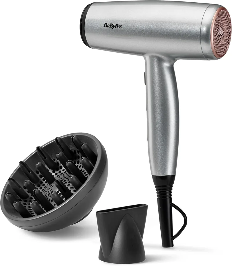 BaByliss ▫️ Cosmos Secador de Cabelo Leve com Difusor - NOVO 2025, 2100W Secador de Cabelo Potente e Elegante, Condicionamento Iónico Sem Frizz, 3 configurações de calor e 2 velocidades, Prata, D580DE