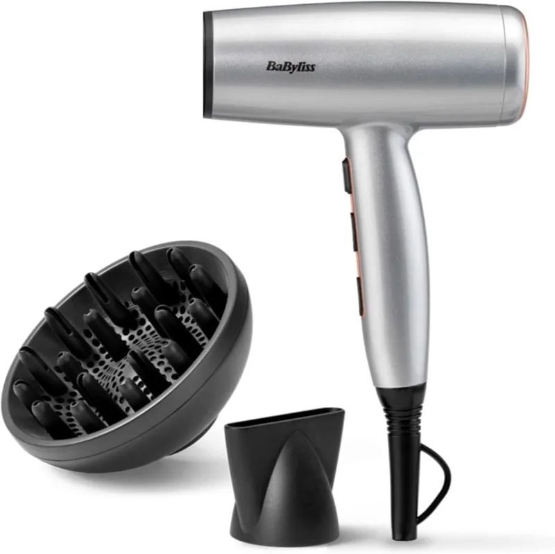 BaByliss ▫️ Secador de cabelo leve Cosmos com difusor – Secador potente e elegante de 2100 W, tratamento iónico anti-frizz, 3 níveis de calor e 2 velocidades, prateado, D580DE