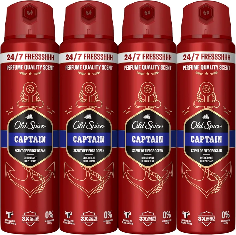 Old Spice ▫️ Desodorizante corporal em spray Captain para homem, 48 horas de frescura, 0% de sais de alumínio, 4x150 ml