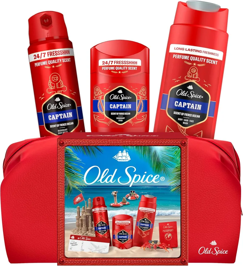 Old Spice ▫️ Travel Bag Men's Gift Set With Deodorant Stick & Shower Gel Captain, 24 Hour Fresh, Everyday, Everyday Use, Exceptional Long Lasting Scent
