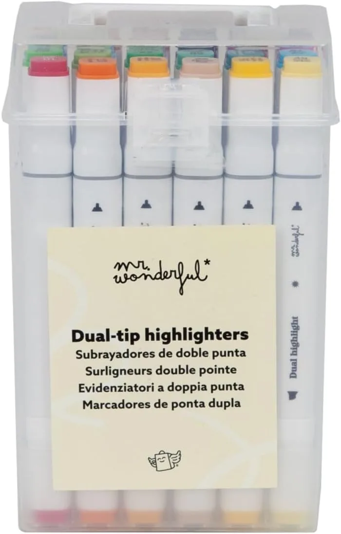 Mr. Wonderful ▫️ Mr Wonderful - Conjunto de 24 marcadores coloridos de ponta dupla - Ponta fina para escrever e ponta mais grossa para sublinhar textos - Estuche transparente