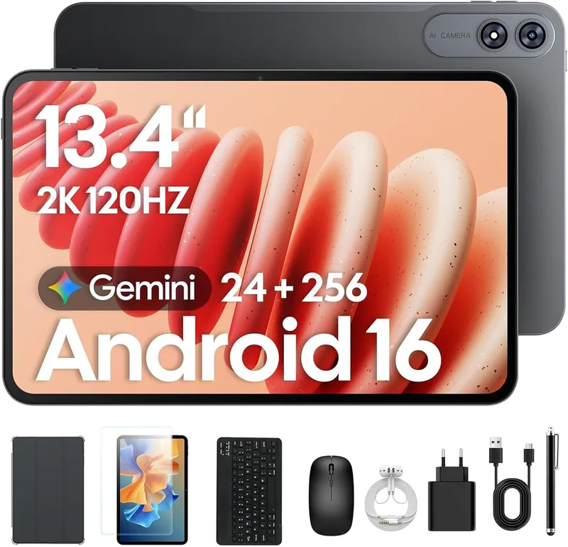 TABWEE ▫️ 2026 Tablet melhorado de 13,4 polegadas com Android 16 e teclado, ecrã IPS 2K 120 Hz, 24 GB de RAM + 256 GB de ROM, processador Octa-Core de 2,2 GHz, bateria de 10000 mAh, o tablet inclui caneta e rato