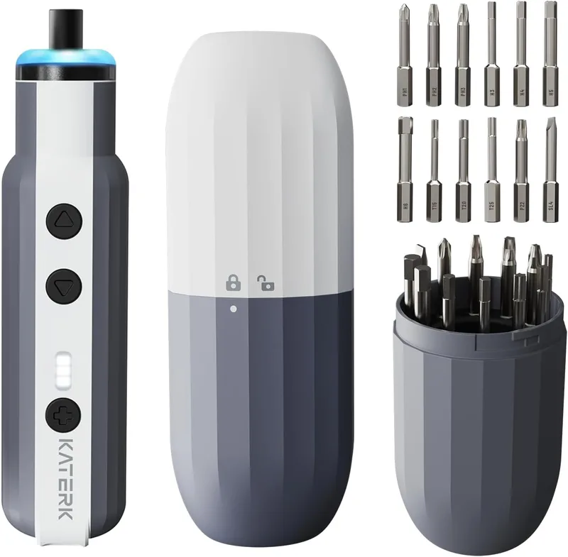 Katerk ▫️ Mini Chave de Fendas Elétrica 1500 mAh, Conjunto de Chaves de Fendas de Precisão com 12 Pontas Magnéticas S2, 3 Níveis de Torque, Ecrã LED, sem fio, para Câmaras, Relógio Portátil - Branco